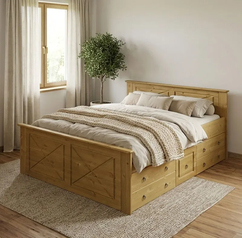 OTTO home Massivholzbett Hugo, FSC® zertifiziertes Massivholz, optionaler Stauraum/ Bettkästen (B/T/H: 153/208/84 cm, Liegefläche 140x200), aus massiver Kiefer, Landhaustil mit edlen Verzierungen, Made in EU, Beige, – Produktbild 3 von 5