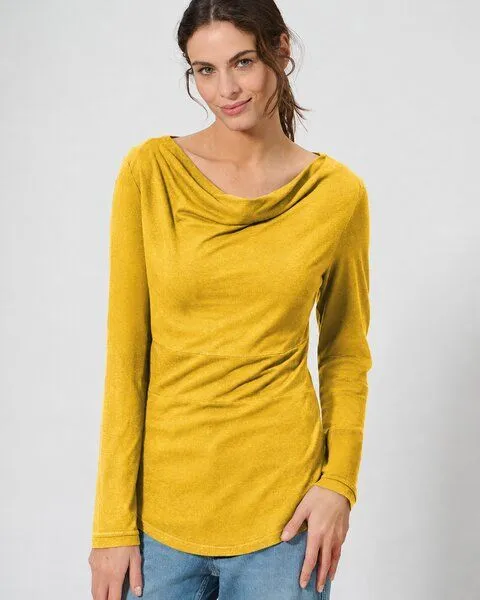 HempAge HempAge Damen Langarmshirt mit Wasserfallkragen Hanf/Biobaumwolle, Curry gelb, – Produktbild 1 von 3