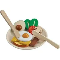 PlanToys PlanToys Frühstück Set für die Kinderküche aus recyceltem Kautschukholz Durchmesser 16 cm, Höhe 1,9 cm – Produktbild 1 von 1