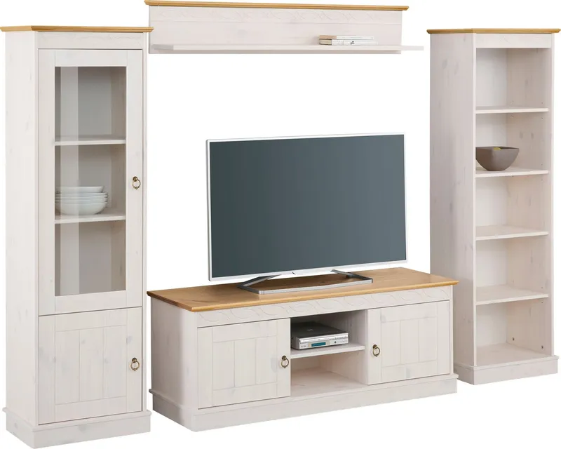 OTTO home Wohnwand Indra Vitrine, TV-Board, Regal, Wandregal mit dekorativer Fräsung, (Set, 4-St), 4-teiliges Set, aus massiver Kiefer, dekorative Fräsung, Metallgriffe, Weiß, – Produktbild 1 von 5