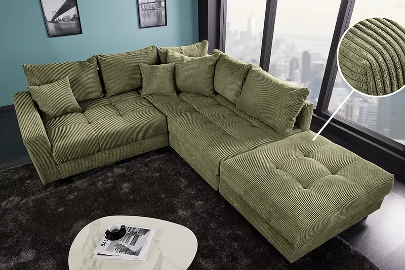 riess-ambiente Ecksofa KENT 220cm grün - Cord, L-Form, Federkern, m. Kissen, FSC-zertifiziert, Einzelartikel 1 Teile, Moderne Wohnlandschaft inkl. Hocker - ideal für Wohnzimmer u. Familien, Grün, – Produktbild 5 von 5