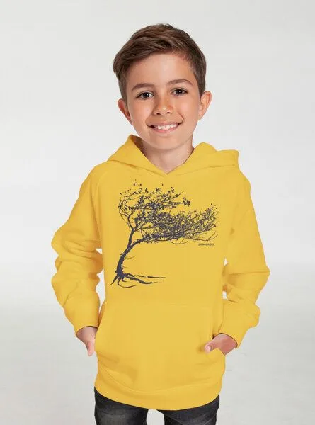 Peaces.bio - handbedruckte Biomode Peaces.bio - handbedruckte Biomode Bio-Kinder-Kapuzen-Sweatshirt "Windy Tree", Gelb, – Produktbild 2 von 2