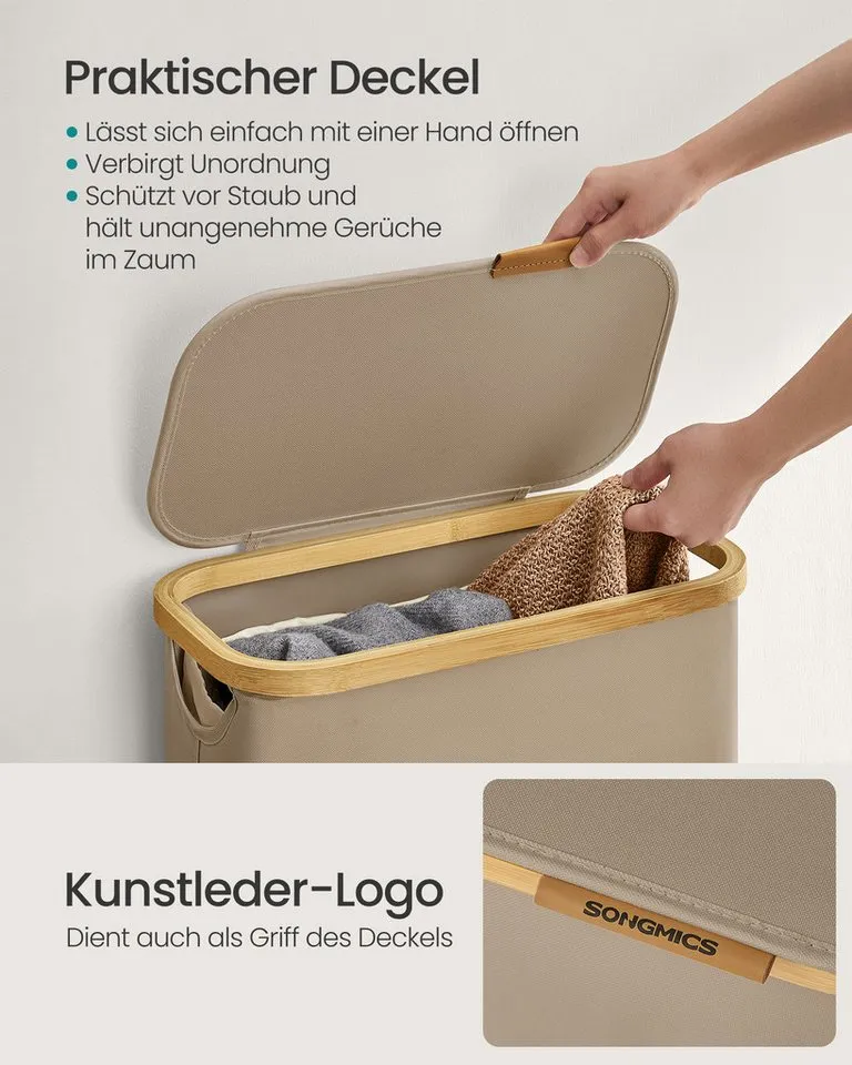 SONGMICS SONGMICS Wäschekorb mit Deckel, herausnehmbarer Einsatz, Bambus‑Rahmen, Oxford‑Gewebe, 65 L, 42 x 22,5 x 70,5 cm, mit Deckel, platzsparend, Griffe aus Bambus, Braun, – Produktbild 4 von 5