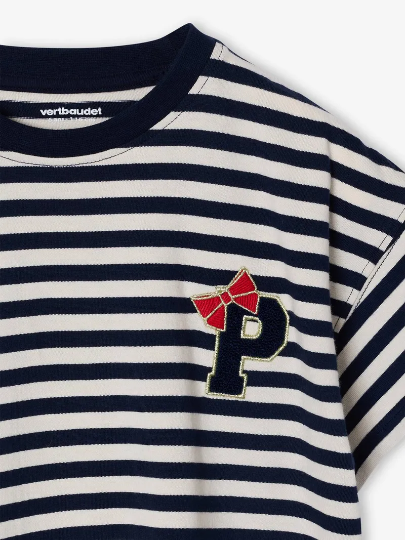 Vertbaudet T-Shirt Mädchen mit gesticktem Buchstaben, Marine, – Produktbild 2 von 2
