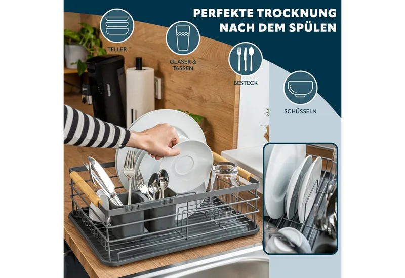 eluno Geschirrständer Metall-Abtropfgestell mit Abtropfschale für Geschirr mit Besteckhalter, Grau, – Produktbild 3 von 5