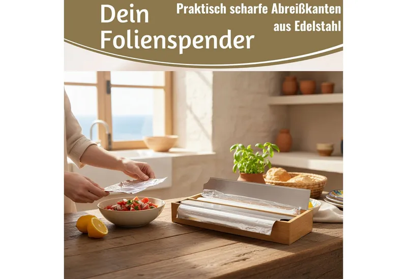 LS-LebenStil Folienspender 2-fach Holz Bambus Schubladen Alufolienspender Folienschneider 35x13cm, (für Schubladen ideal, Abroller Alufolienspender Alufolien-Spender, 1-St., Folienabroller passend für Alufolie Frischhaltefolie), FSC zertifiziert, Braun, – Produktbild 5 von 5