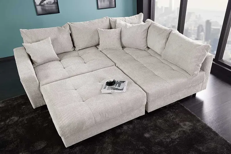 riess-ambiente Ecksofa KENT 220cm beige schwarz - Cord, L-Form, Federkern, FSC-zertifiziert, Einzelartikel 1 Teile, Moderne Wohnlandschaft inkl. Hocker - ideal für Wohnzimmer u. Familien, Beige, – Produktbild 4 von 5