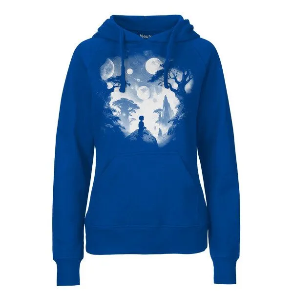 HANDGEDRUCKT HANDGEDRUCKT "Inner Child" Frauen Hoody aus reiner Biobaumwolle (kbA), Royalblau, – Produktbild 1 von 4