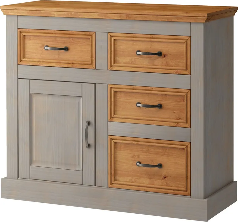 OTTO home Sideboard Selma Kommode mit 1 Tür, 3 Schubläden und 2 Fächer, Metallgriffe, aus massivem Kiefernholz, natürlichen Maserung, Breite/Höhe 100/87 cm, Grau, – Produktbild 1 von 5