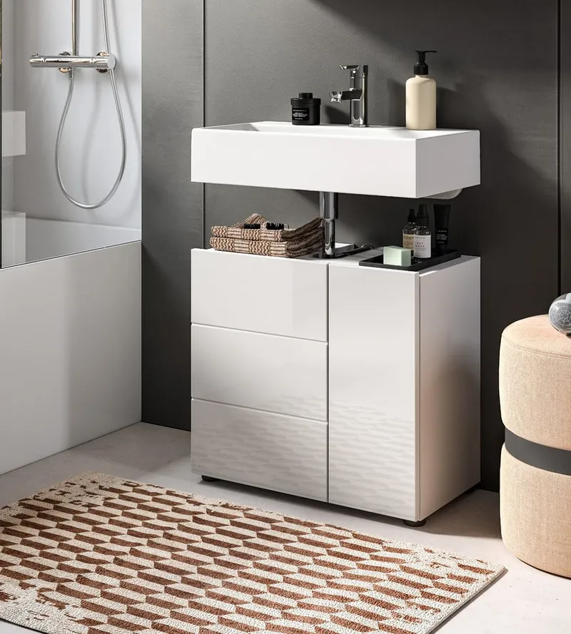 Inn.Furn Waschbeckenunterschrank Larik (Badschrank in weiß Hochglanz, 2-türig, 60 x 56 cm) mit Stauraum, Weiß, – Produktbild 4 von 5