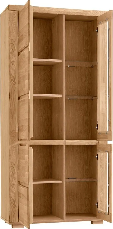 OTTO home Vitrine DENIS70, Wohnzimmer, viel Stauraum, verstellbaren Einlegeböden, geölt B/T/H:90/40/190cm, Front Eiche massivholz,geölt, 10 Fächer, Grifflos, Braun, – Produktbild 3 von 5