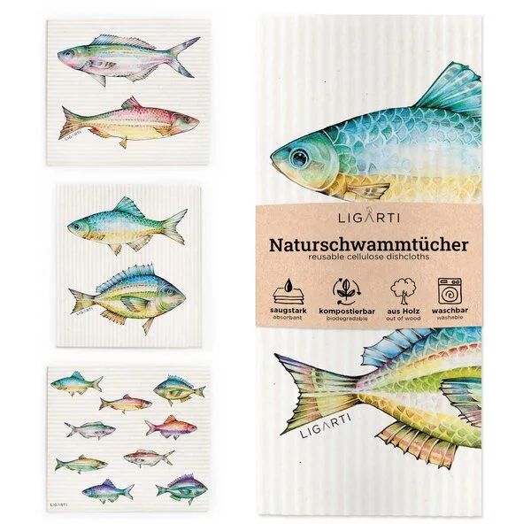 LIGARTI LIGARTI Schwammtuch 3er Set - Bunte Fische – Produktbild 1 von 4