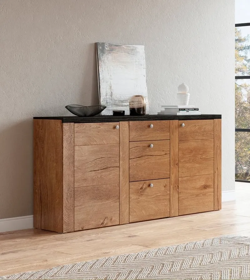 OTTO home Sideboard Larona, zeitlose Kommode mit 2 Türen, 3 Schubkästen, Türkommode, Höhe 84 cm, viel Stauraum, Anrichte mit dekorativer Rahmenoptik, Braun, – Produktbild 3 von 8