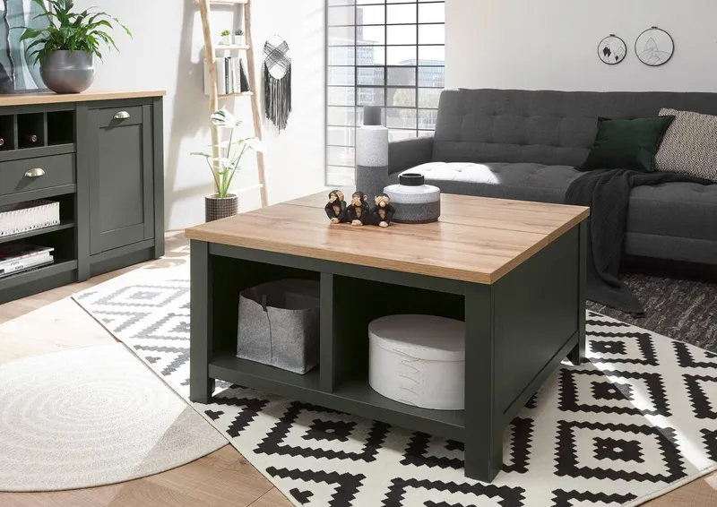 Home affaire Couchtisch Cambridge, Beistelltisch, Wohnzimmertisch, Sofatisch, Tisch, Landhausstil, mit offenen Fächern und Stauraumfach, 93 cm breit, Grün, – Produktbild 4 von 5