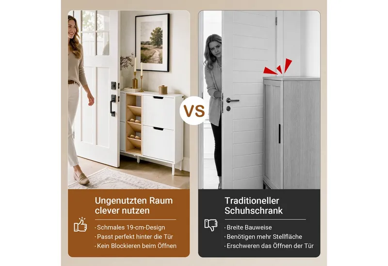 SoBuy Schuhkipper FSR183, Schuhschrank schmal, Flurschrank Schuhregal Schuhkommode Weiß, Schuhkipper, nur 19 cm tief, 4 Klappen & offene Fächer, Bambus-Holz, Weiß, – Produktbild 4 von 5