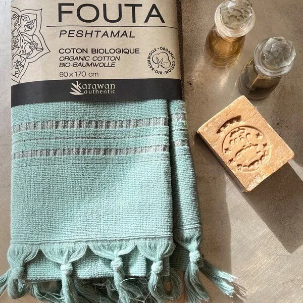 Karawan authentic Karawan authentic Hamamtuch Bio mit Frottee, Jadegrün, – Produktbild 1 von 4