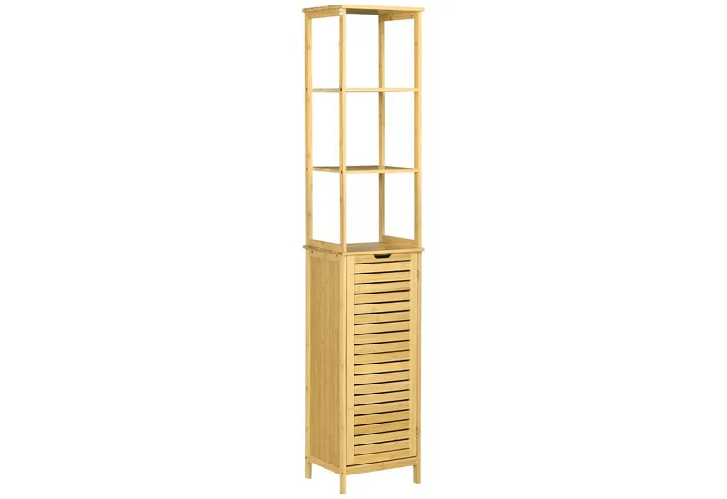 kleankin kleankin Badkommode Badschrank Hochschrank mit 3 offenen Fächer und 1 Schrank, Bambus (Badmöbel, 1 St., Badezimmerschrank), Natur 34 x 30 x 173 cm, Beige, – Produktbild 2 von 4