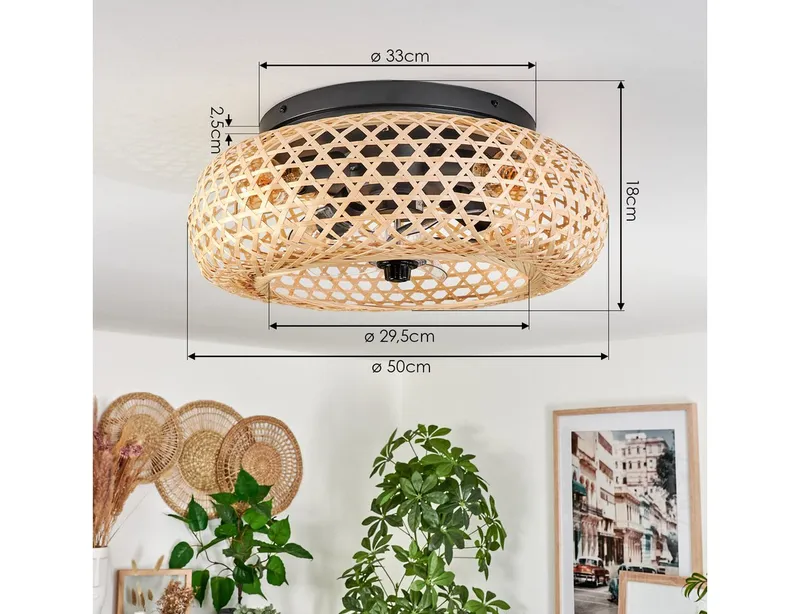 hofstein Deckenleuchte Deckenventilator mit Beleuchtung aus Metall/Bambus, Fernbedienung, ohne Leuchtmittel, Auf-/Abwind-Funktion, Lichteffekt, Ø 50cm, 4xE27, ohne Leuchtmittel, Beige|schwarz, – Produktbild 4 von 5
