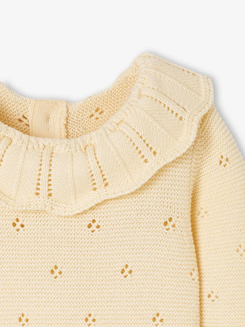 Vertbaudet Vertbaudet Baby Overall aus Pointelle-Strick 100% Bio-Baumwolle GOTS-zertifiziert, Wollweiß, – Produktbild 2 von 3