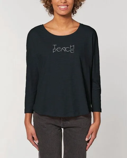 Human Family Human Family Damen Longsleeve aus Slub Garn - "Wave - Teach Peace", Schwarz, – Produktbild 4 von 4