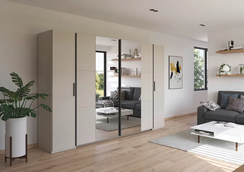Rauch Rauch Schwebetürenschrank Kleiderschrank Drehtürenschrank Schrank Garderobe KRONACH (in 3 Ausstattungen BASIC/CLASSIC/PREMIUM, Breiten 225/268/311/354 cm) Kombischrank optional mit 1 oder 2 Spiegel viele Böden MADE IN GERMANY, Beige|grau, – Produktbild 3 von 6
