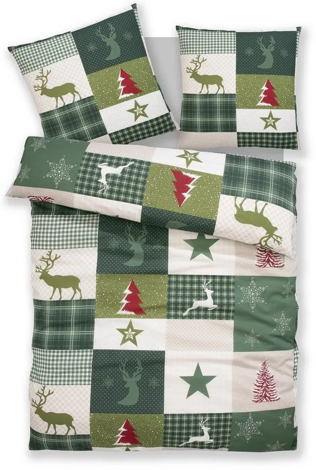 OTTO home Bettwäsche Nicholas, Linon, 2 teilig, Weihnachtsbettwäsche, Winter, in 3 Qualitäten verfügbar, Grün, – Produktbild 2 von 8