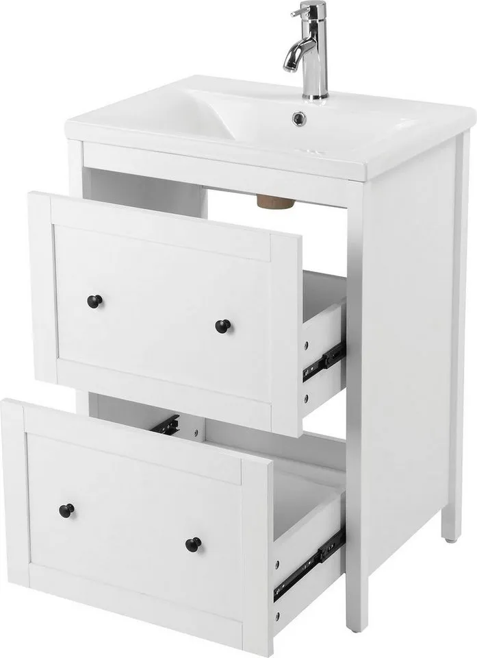 welltime Waschtisch, Badmöbel inkl. Keramikbecken, Breite 60 cm mit Schubladen, Weiß, – Produktbild 3 von 5