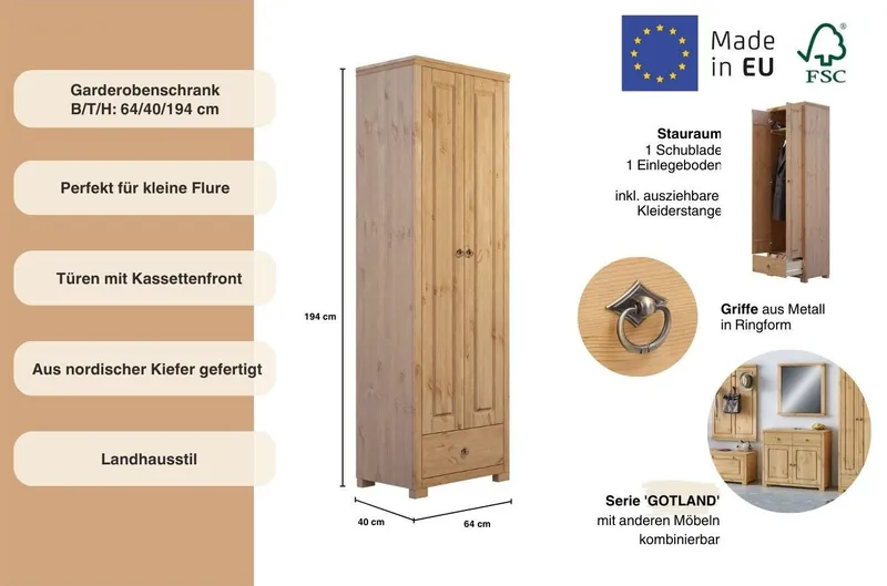 OTTO home Garderobenschrank Gotland, Drehtürenschrank, Garderobe aus massiver Kiefer, FSC®-zertifiziert, Höhe 193 cm, Beige, – Produktbild 3 von 4