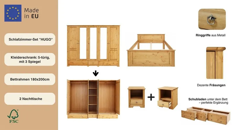 OTTO home Schlafzimmer-Set Hugo, (Set, 4-tlg), Bett 180x200 cm, 5-trg Kleiderschrank und 2 Nachttische, Beige, – Produktbild 4 von 5