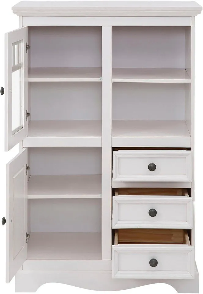 OTTO home Highboard Melissa Vitrine mit 2 Türen und 3 Schubladen, Metallknopfgriffe, mit 2 Türen, eine davon mit Glaseinsatz, natürliche Maserung, Weiß, – Produktbild 4 von 5