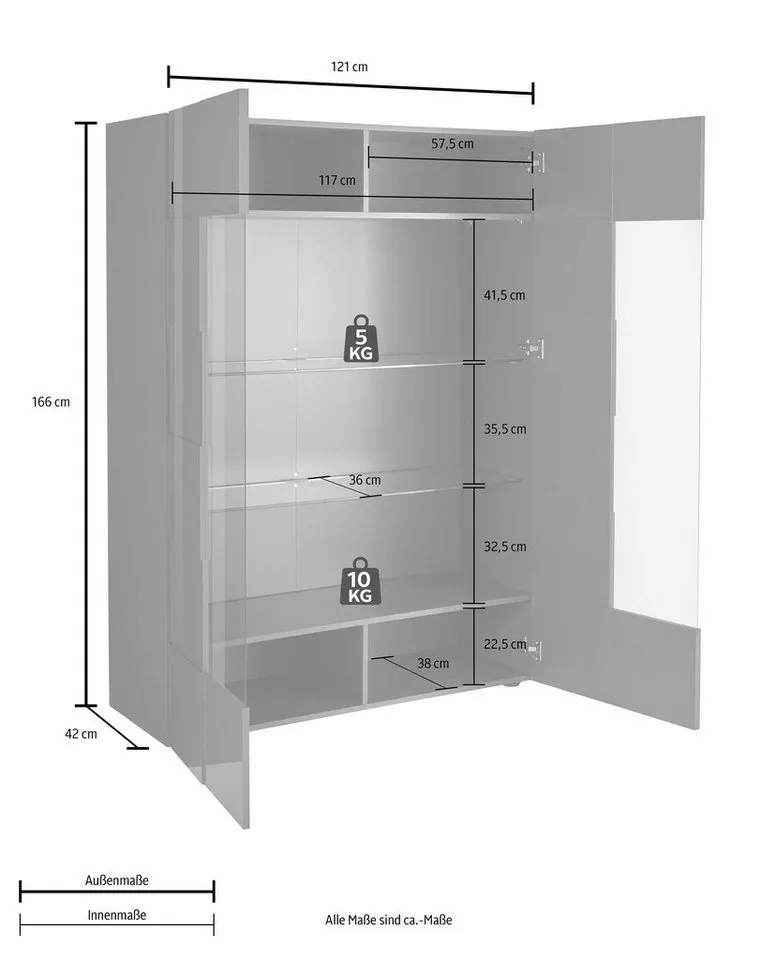Home affaire Vitrine Dama Höhe 166 cm, Breite 121 cm, Stauraumvitrine mit 2 Türen, Standvitrine - Front in 3D-Optik, viel Stauraum, verschiedene Farben, Grau, – Produktbild 1 von 5