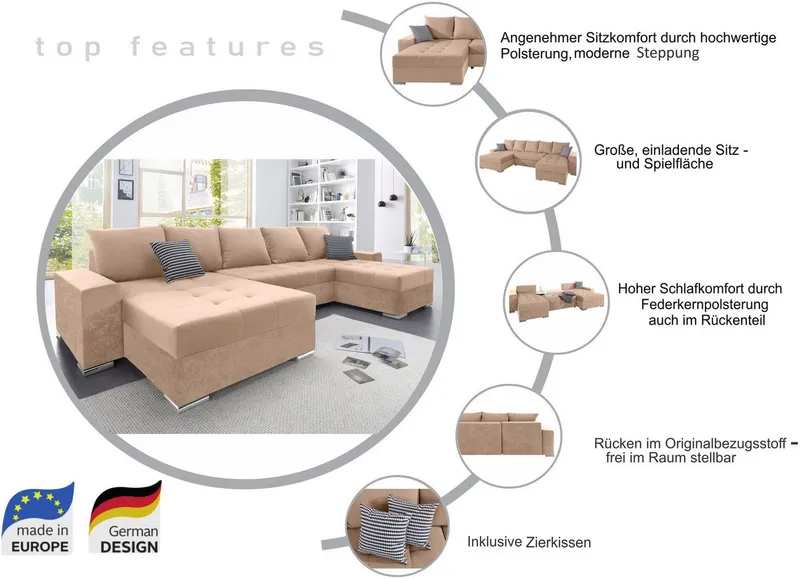 COLLECTION AB Wohnlandschaft Josy XXL U-Form, B: 333 cm, mit 2 Recamieren 77 & 97 cm, Schlaffunktion, Bettkasten & 2 Zierkissen, Federkern, Blau|grau, – Produktbild 4 von 5