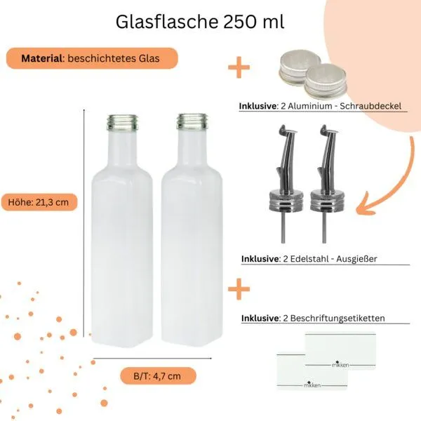 mikken mikken 2x Ölflasche 250 ml Dosierflasche mit Ausgießer + Schraubdeckel + 2 Etiketten, Weiß, – Produktbild 2 von 2