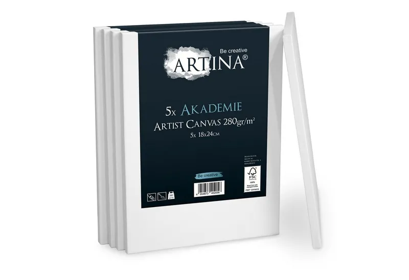 Artina Keilrahmen Akademie Leinwand, 18x24cm, Weiß, 5er Set, FSC, 100% Baumwolle, Canvas, 280 g/m², vorgrundiert, Galerieheftung & gefaltet, Weiß, – Produktbild 1 von 5