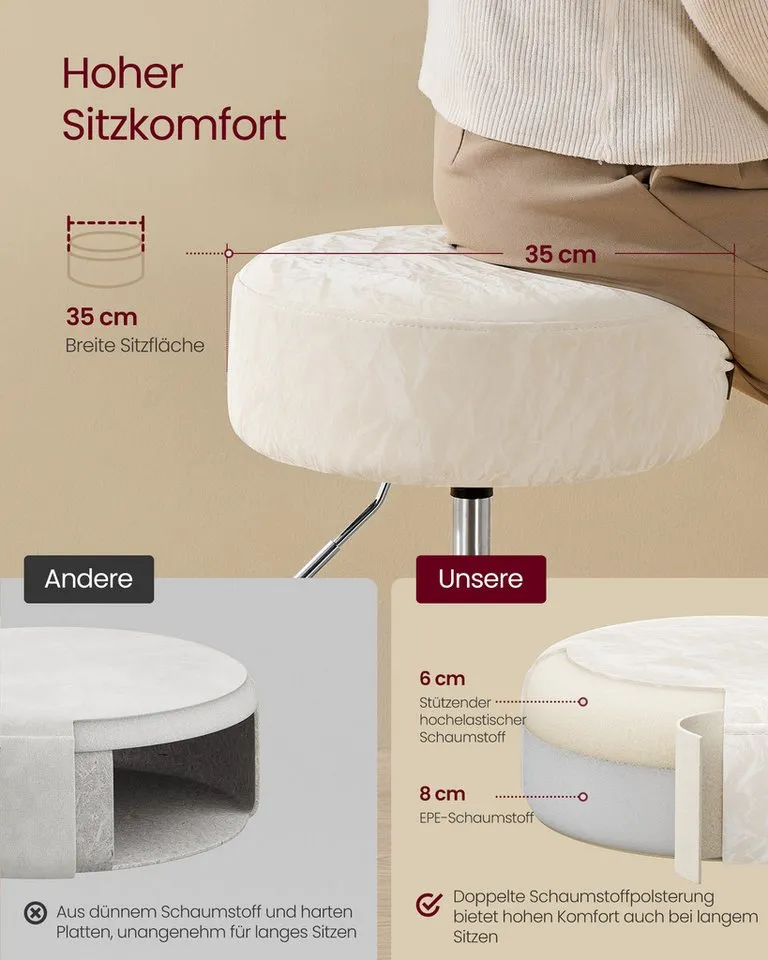 VASAGLE Barhocker Schminkhocker Schminkstuhl höhenverstellbar, 1/2er Set (1 St), für Schlafzimmer, Küche, 360° drehbar, dicke Polsterung, Cremeweiß, – Produktbild 5 von 5
