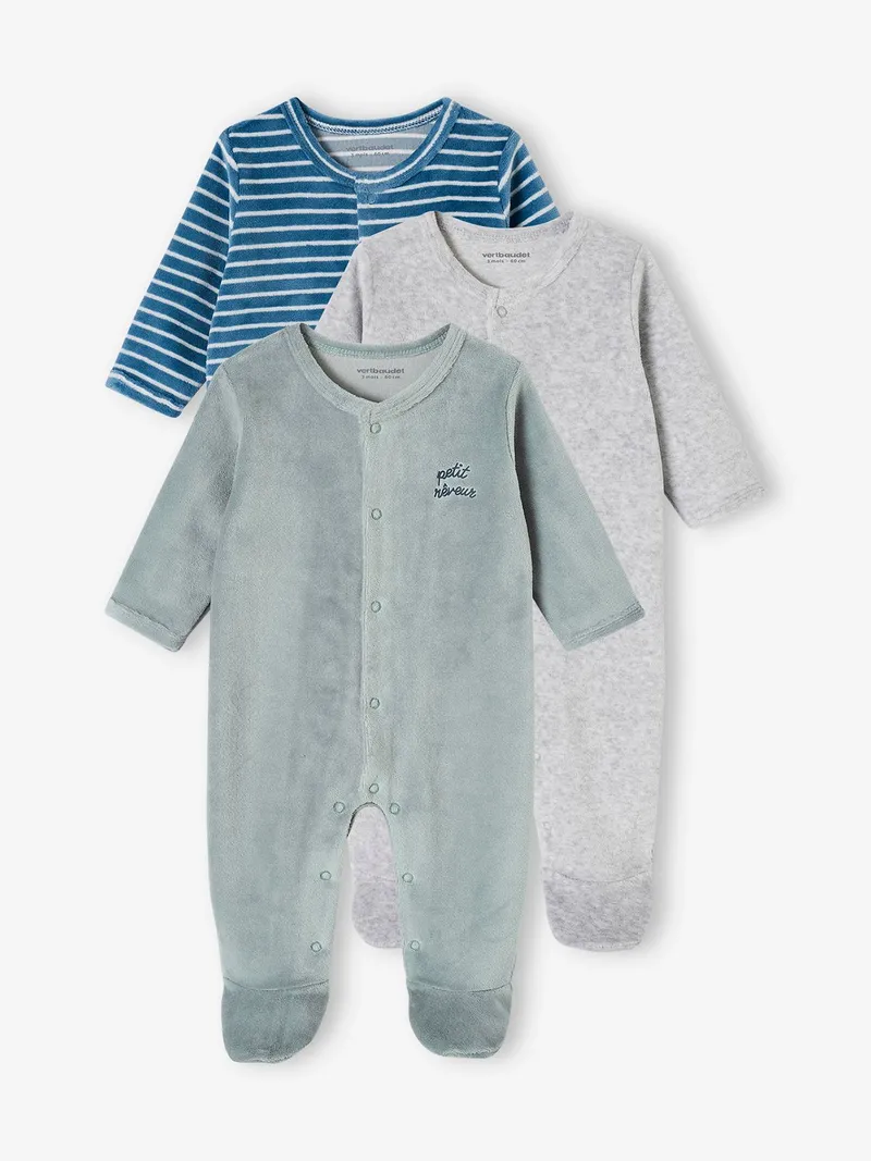 Vertbaudet 3er-Pack Baby Samt-Strampler BASIC, Aqua, – Produktbild 1 von 2
