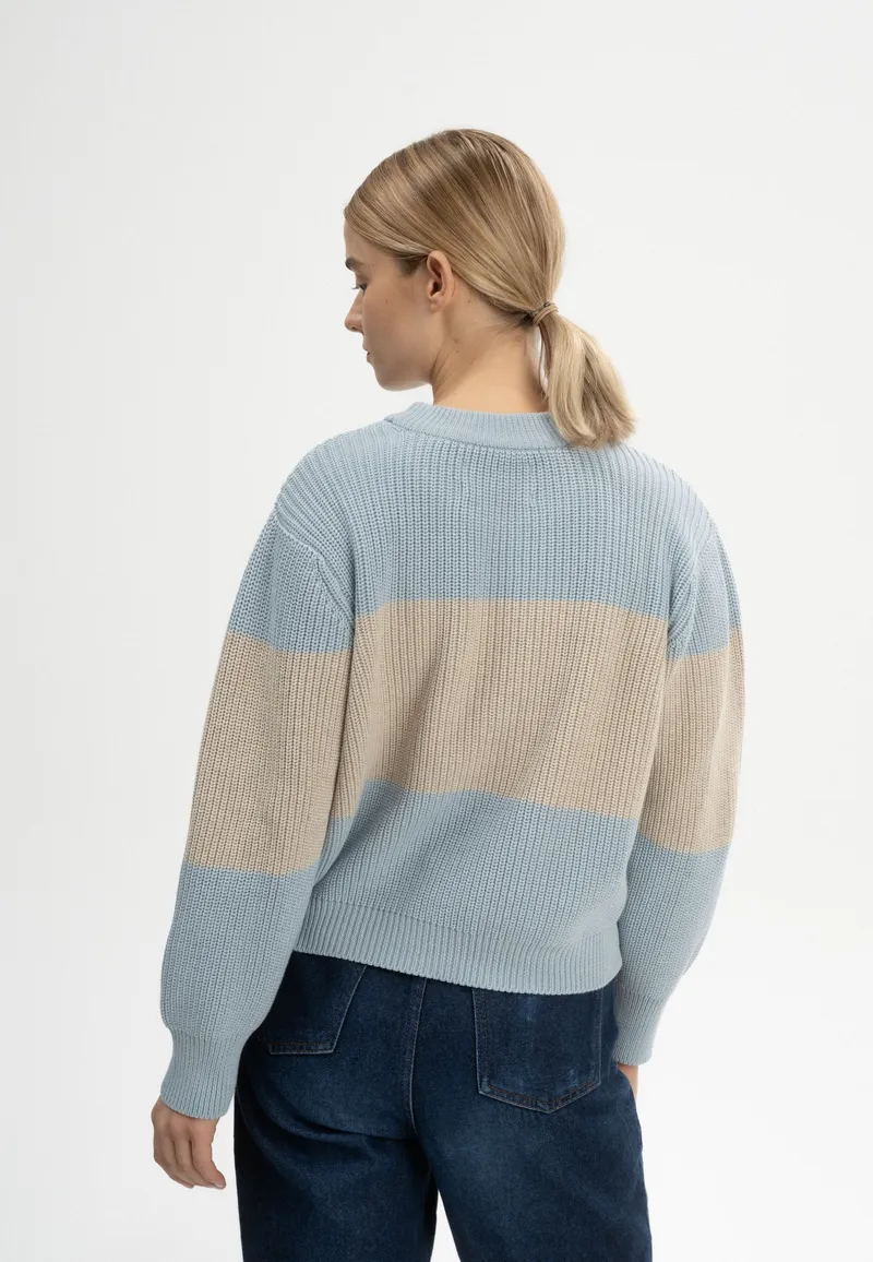 MELA MELA Damen vegan Strickpullover Rib Adah Stripes Wolkenblau/Kieselmelange, Beige, – Produktbild 1 von 2