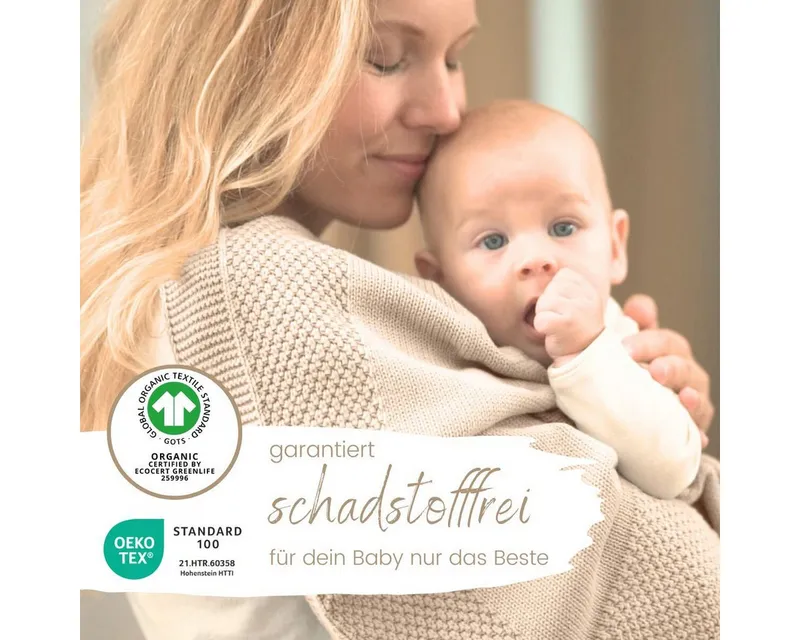 Babydecke DIKOS® Kuscheldecke Bordüre *100%* Bio Baumwolle, Geschenk zur Geburt, DIKOS, Strickdecke 75×100, Baby Erstausstattung Neugeborene, Babygeschenk, Beige, – Produktbild 3 von 5