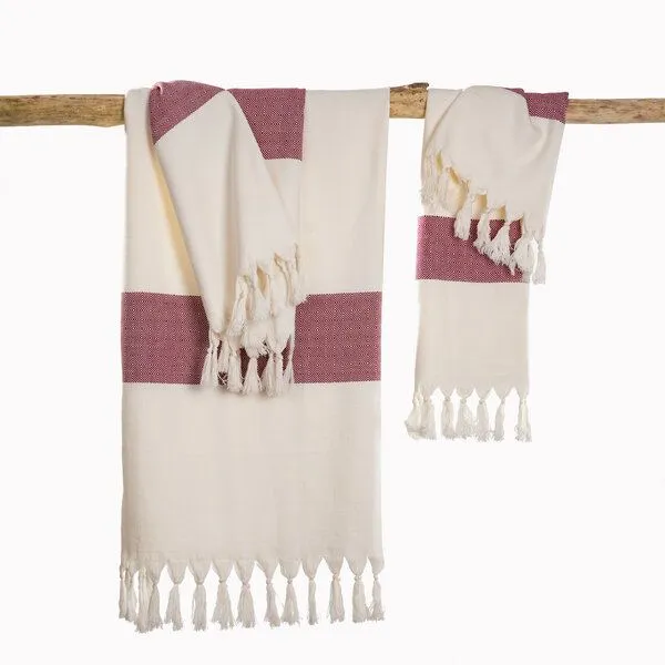 HängemattenGlück HängemattenGlück Hamamtuch/Strandtuch, handgewebt, Bio-Baumwolle, GOTS-zertifiziert, Weiß rubin rot, – Produktbild 1 von 4