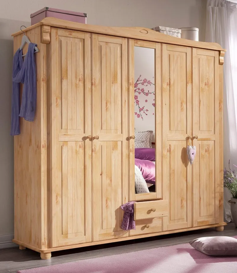 OTTO home Kleiderschrank Adele (Breite x Höhe x Tiefe ca: 207 cm x 191 cm x 53,5 cm) Massive Kiefer,Spiegel, Landhausstil, Beige, – Produktbild 2 von 5