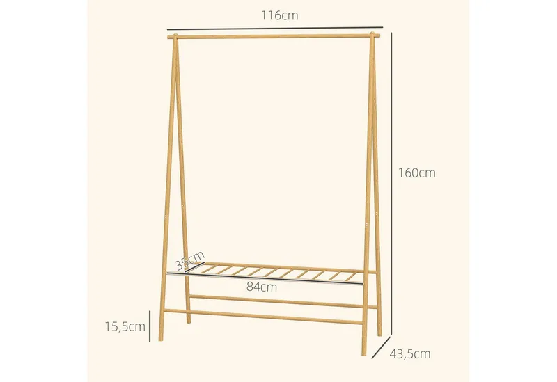 HOMCOM HOMCOM Garderobenständer Kleiderstange, Garderobe aus Bambus, Ausstellungen, Waschküche, (Kleiderbügel, 1 St., Kleiderständer), für Flur, Wohnzimmer Schlafzimmer, 116 x 43,5 x 160 cm, Beige, – Produktbild 3 von 5