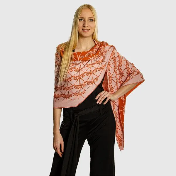 LANARTO slow fashion LANARTO slow fashion Schultertuch Libelle aus mulesingfreier Merinowolle made in germany, Orange, – Produktbild 3 von 4