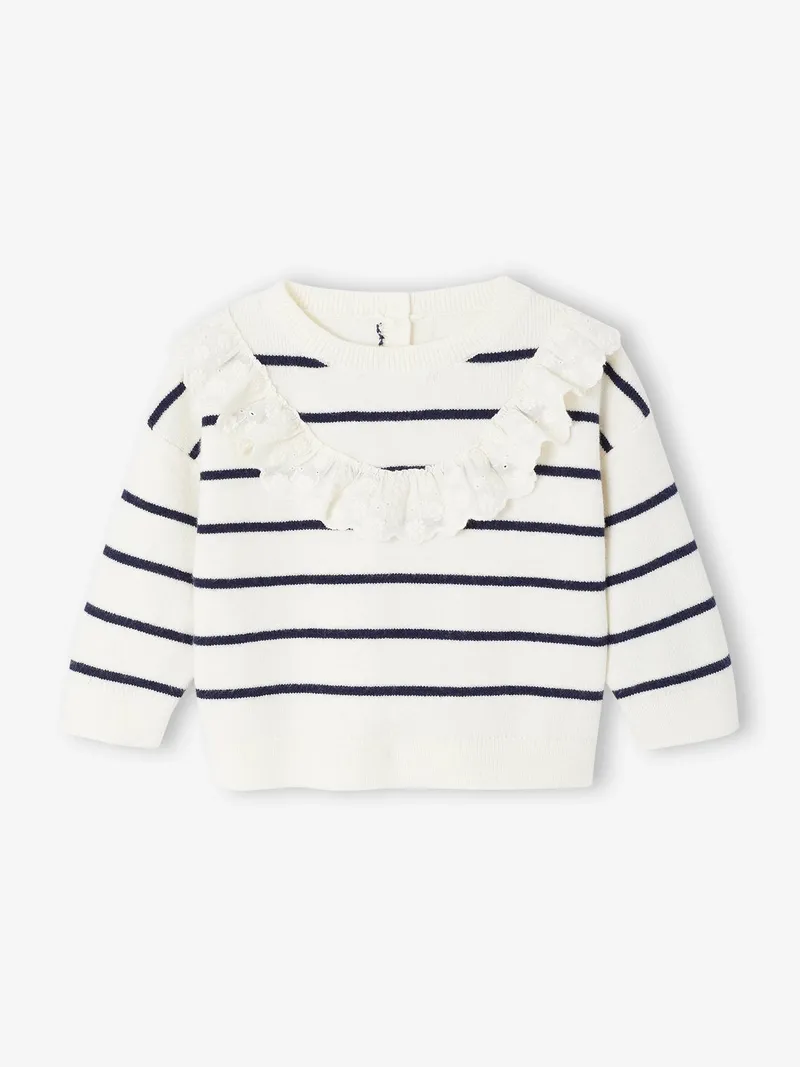 Vertbaudet Vertbaudet Streifenpullover mit Volant Baby, Marine gestreift, – Produktbild 1 von 4