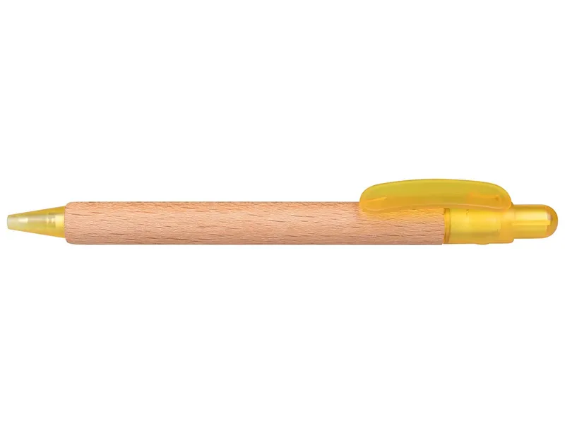 Memo PEFC-zertifizierter Holz-Druckkugelschreiber 'Prisma' mit gelb transparenten Funktionsteil – Produktbild 1 von 1