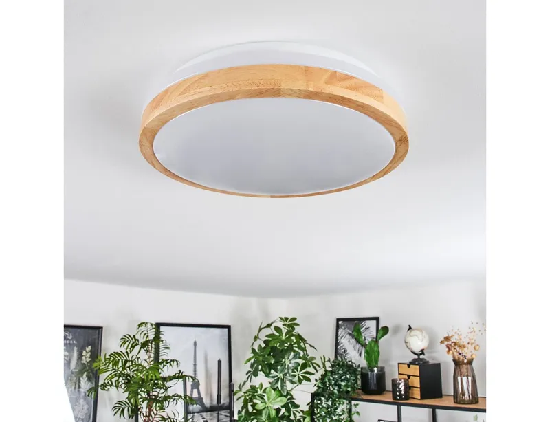 hofstein Deckenleuchte moderne Deckenlampe aus Metall/Bambus/Kunststoff in Weiß/Natur, LED wechselbar, 3000 Kelvin, Leuchte im angesagten Boho-Design (28cm), 1700 Lumen, LED 16 W, Beige|weiß, – Produktbild 2 von 5