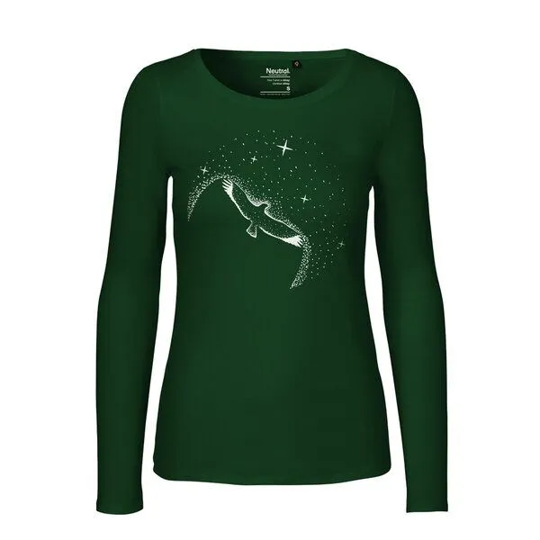 HANDGEDRUCKT HANDGEDRUCKT "Sternstunde" Frauen Longsleeve aus reiner Biobaumwolle (kbA), Bottle green, – Produktbild 1 von 2