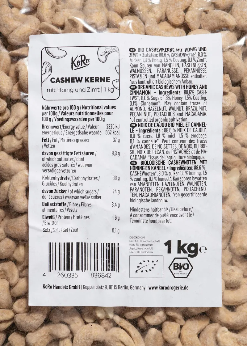 KoRo Bio Cashewkerne mit Honig und Zimt 1 kg – Produktbild 4 von 5