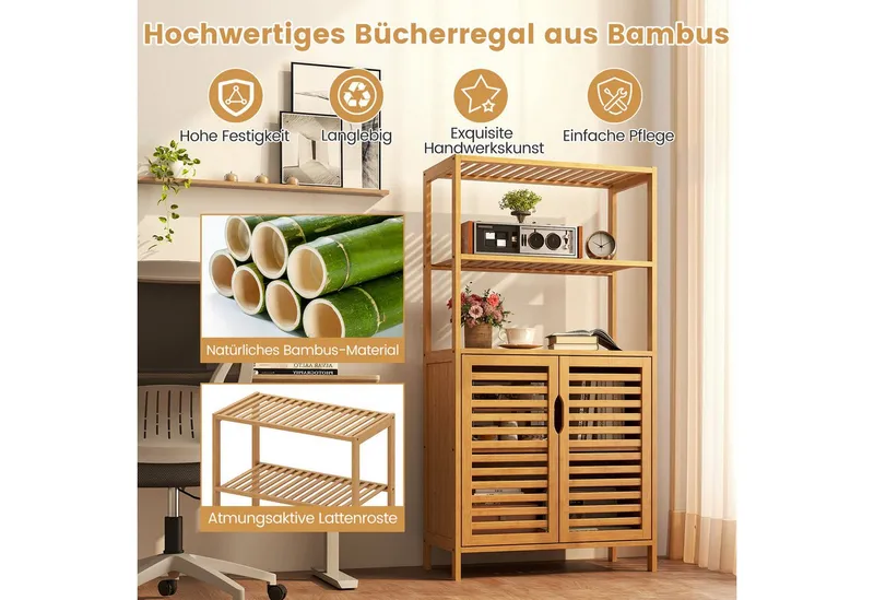 COSTWAY COSTWAY Bücherregal Bambus mit Lamellentüren, Vorratsschrank 60x33x116cm, Standregal, Beige, – Produktbild 3 von 5