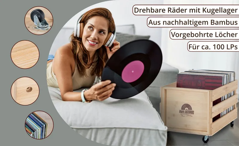 Stagecaptain Holzkiste Emil Schallplattenkiste Bambus Natur für bis zu 100 LPs (1 St), für bis zu 100 LPs - aus Vollholz im Retro-Design, Beige, – Produktbild 3 von 5