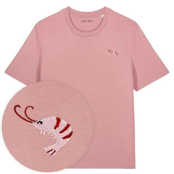 LIGARTI Besticktes T-Shirt – Nele der Shrimp – LIGARTI Tiermanufaktur, Altrosa, – Produktbild 1 von 3